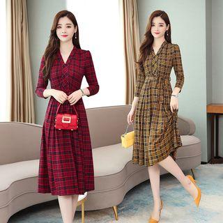 3/4-sleeve Sashed Plaid Midi A-line Dress