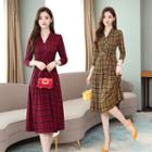 3/4-sleeve Sashed Plaid Midi A-line Dress