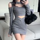 Cold-shoulder Cutout Knit Top / Cutout Pencil Skirt / Set