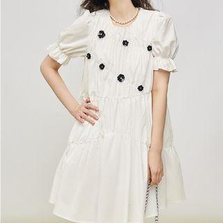 Puff-sleeve Flower Detail Mini Smock Dress