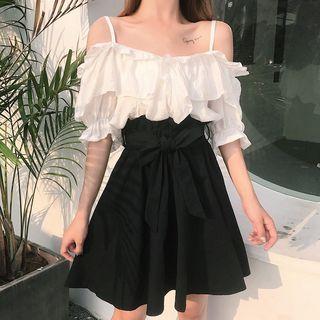 Short-sleeve Cold-shoulder Ruffled Top / Mini A-line Skirt