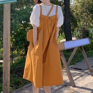 Puff-sleeve Plain Blouse / Button-up Midi Overall Dress