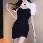 Short-sleeve Cutout Two-tone Mini Bodycon Qipao Dress