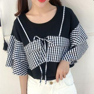 Plaid Panel Elbow-sleeve Top