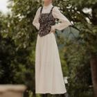 Long-sleeve Eyelet Midi A-line Dress / Vest / Set