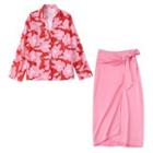 Floral Print Shirt / Bow Midi Pencil Skirt / Set