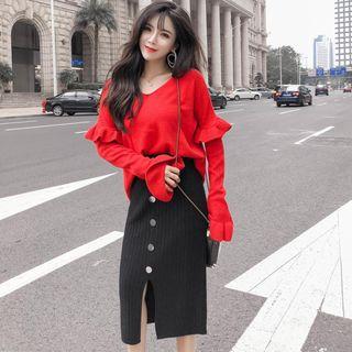 Frill-trim Sweater / Slit-front Midi Knit Skirt / Set
