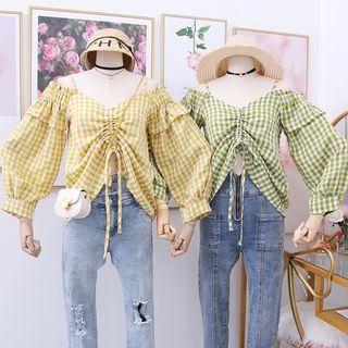 Off-shoulder Drawstring Checked Top