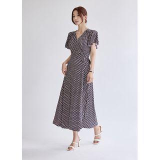 Bell-sleeve Patterned Maxi Wrap Dress