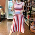 Striped Sleeveless Knitted Midi Dress Stripe - Red & White - One Size