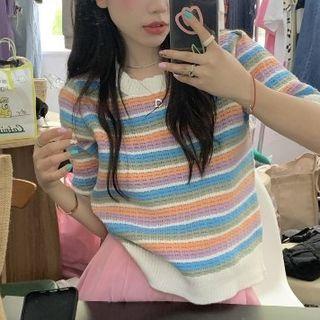Short-sleeve Striped Knit Top Purple & Blue & Orange - One Size