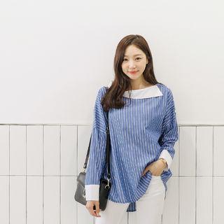 Collared Contrast-trim Buttoned Stripe Top