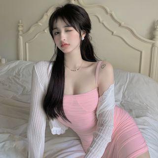 Spaghetti-strap Mini Sheath Dress / Ribbed Cardigan