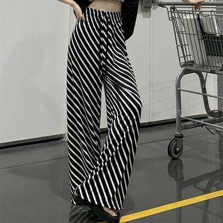 Drawstring Waist Striped Wide-leg Pants Black - One Size