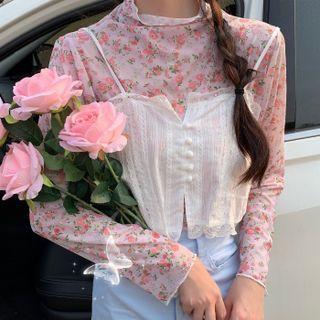Long-sleeve Floral Print Top / Spaghetti Strap Top