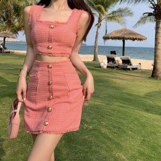 Sleeveless Button-up Crop Top / Mini Skirt