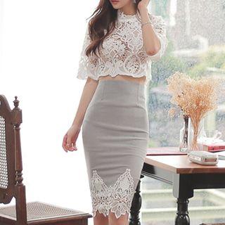 Set: Elbow-sleeve Lace Cropped Top + Fitted Skirt