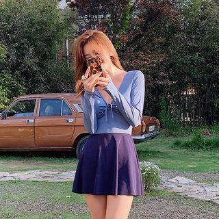 Set: Long-sleeve Bow Detail Swimsuit + Swim Skirt