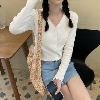 V-neck Ruffled-trim Knit Cardigan