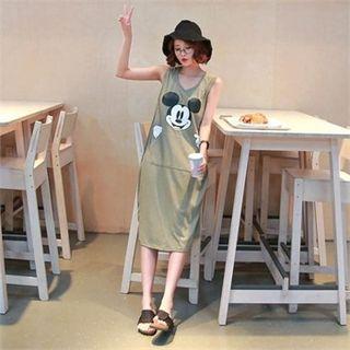 Sleeveless Mickey Mouse Print Midi T-shirt Dress