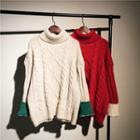Color-block Cable-knit Turtleneck Sweater