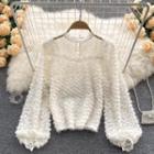 Lace Stand-collar Mesh Fringe Long-sleeve Top