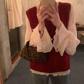 Flared-cuff Blouse / Paneled Knit Vest