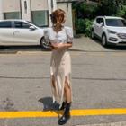 Slit-front Lace-hem Long Skirt Beige - One Size