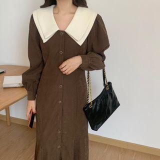 Lantern-sleeve Layered Collared Single Breasted Dress
