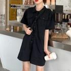 Elbow-sleeve Buttoned Wide-leg Playsuit Black - One Size
