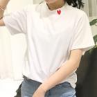 Heart Embroidered Mock Neck Short-sleeve T-shirt