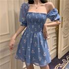 Puff-sleeve Square Neck Floral Dress As Shown In Figure - One Size