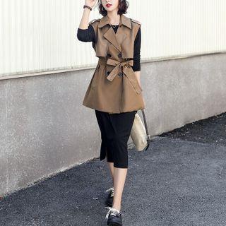 Set: Double-breasted Vest + Long-sleeve Midi Dress
