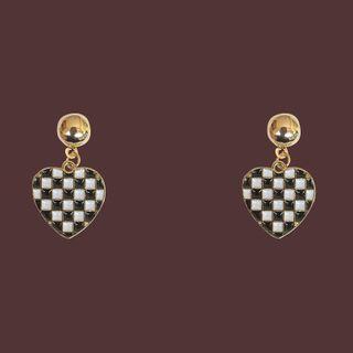 Heart Checker Alloy Dangle Earring 1 Pair - Check - Black & White - One Size