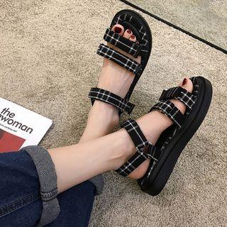 Plaid Platform Adhesive Strap Sandals