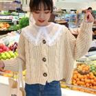 Cable Knit Cardigan / Long-sleeve Lace Collar Sheer Top