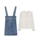 Set: Lace Blouse + Denim Mini Overall Dress
