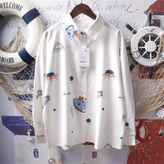 Long-sleeve Universe Planet Print Shirt White - One Size