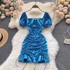 Plain Square-neck Drawstring Short-sleeve Dress