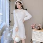Stand-collar Lace Panel Knit Dress