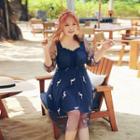 Elbow-sleeve Mesh Overlay Swim Dress