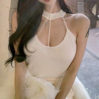 Halter Neck Knit Top White - One Size