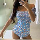 Floral Print Off-shoulder Puff-sleeve Swimsuit
