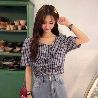 V Collar Puff-sleeved Plaid Shirt Blue - One Size
