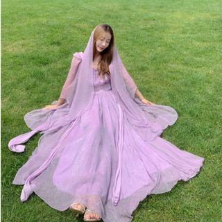 Flared-sleeve Maxi A-line Dress / Shawl / Set