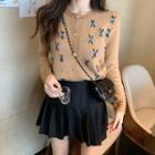 Flower Embroidered Cardigan / Mini Pleated Skirt