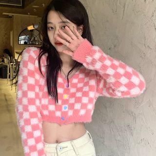 Plaid Cardigan Pink - One Size