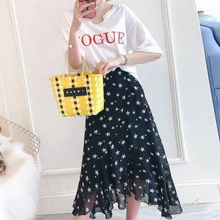 Set: Short-sleeve Lettering T-shirt + Star Print A-line Skirt