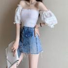 Off-shoulder Puff-sleeve Eyelet Blouse