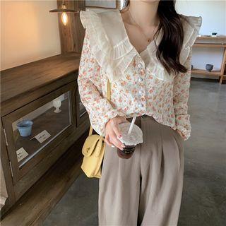 Long-sleeve Wide Collar Floral Blouse